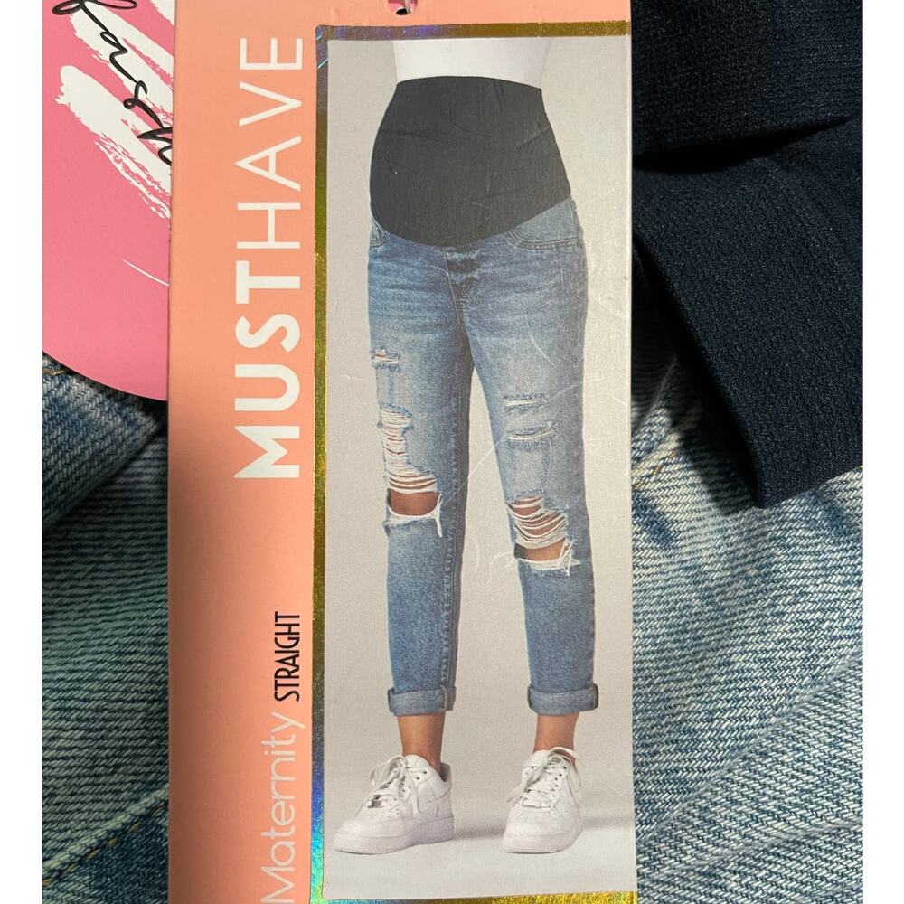 Simple Society Maternity Straight Distressed Stretch Blue Denim Jeans Large NEW
